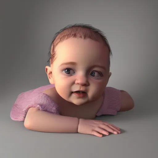 Image similar to very cute baby life like Realistic PBR 3D Model, but as a photograph by Annie Leibovitz, daz3d genesis iray, v-ray, unreal engine, HDRI shaders, 8k
