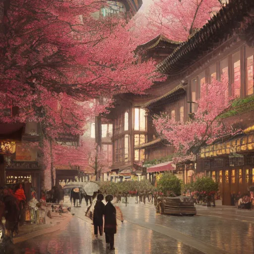Prompt: shanghai decorated with sakura, caravaggio, watercolor fine art, multi - layer technique, orientalism, academicism, beautiful, highly detailed, color harmony, perfect composition, octane render, ornate, beautiful lighting, cg society, highly detailed, 5 k extremely detailed, 3 d. cinematic scene. sharp image, divine rule