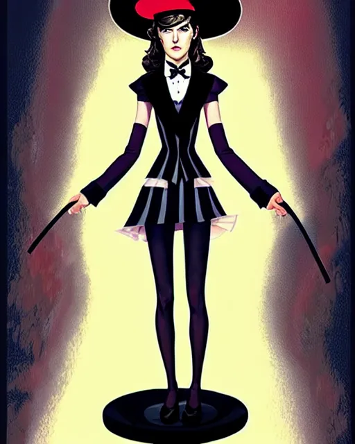 Image similar to beautiful Anna Kendrick Zatanna DC Comics floating on stage, wearing a top hat, symmetrical face symmetrical eyes, smiling, fantasy, intricate details, atmospheric, elegant, concept art, art by eiichiro oda, Joshua Middleton art