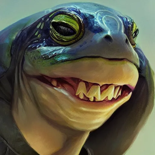 Image similar to A head-on detailed oil portrait of a beautiful mutant turtle with pale blue eyes and long yellow hair by greg rutkowski and artgerm, trending on artstation