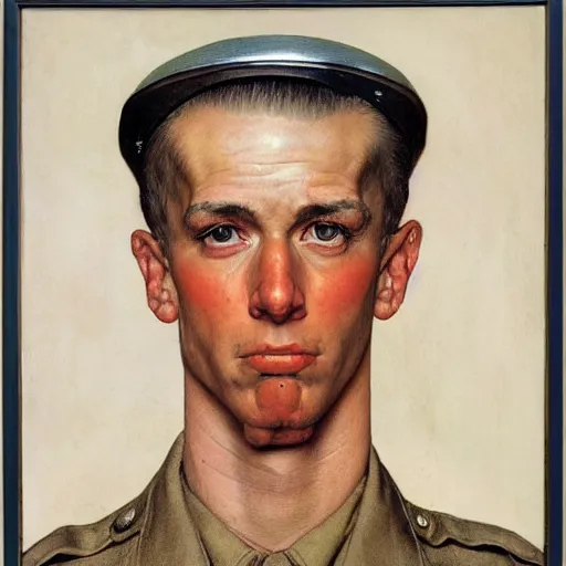 Prompt: frontal portrait of a soldier in attention, doing the loser hand gesture on his forehead, by Norman Rockwell and Gerald Brom