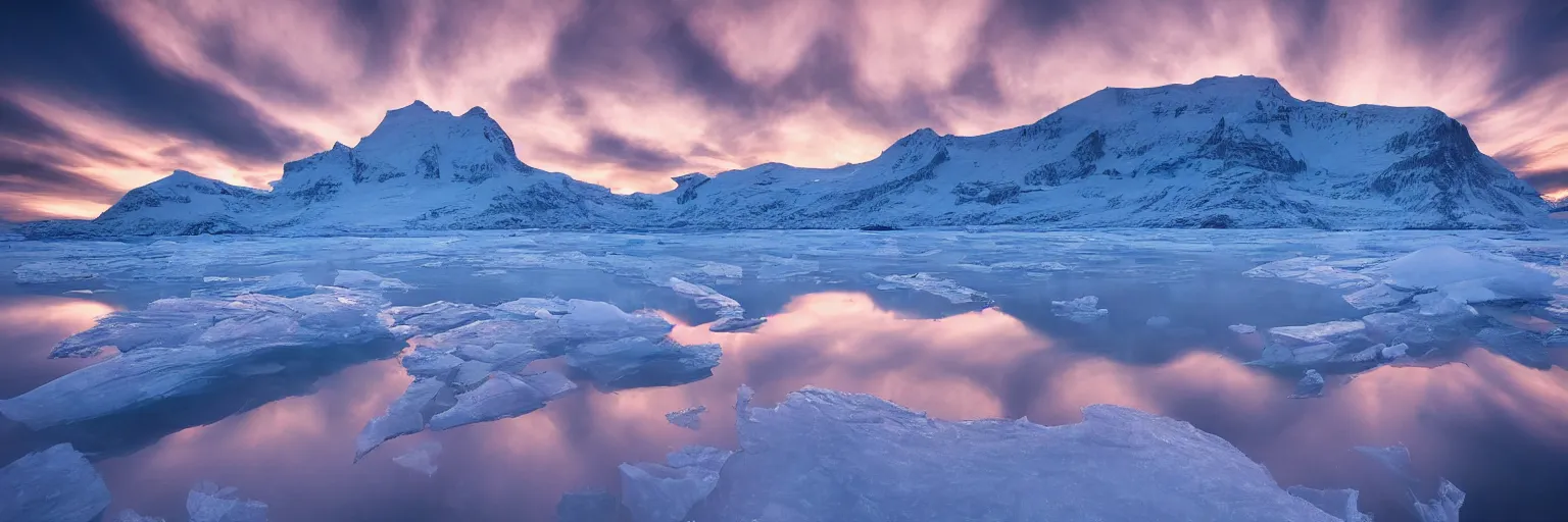 Prompt: amazing landscape photo of a Frozen Giant stuck under the ice transparent frozen lake at sunset by marc adamus beautiful dramatic lighting