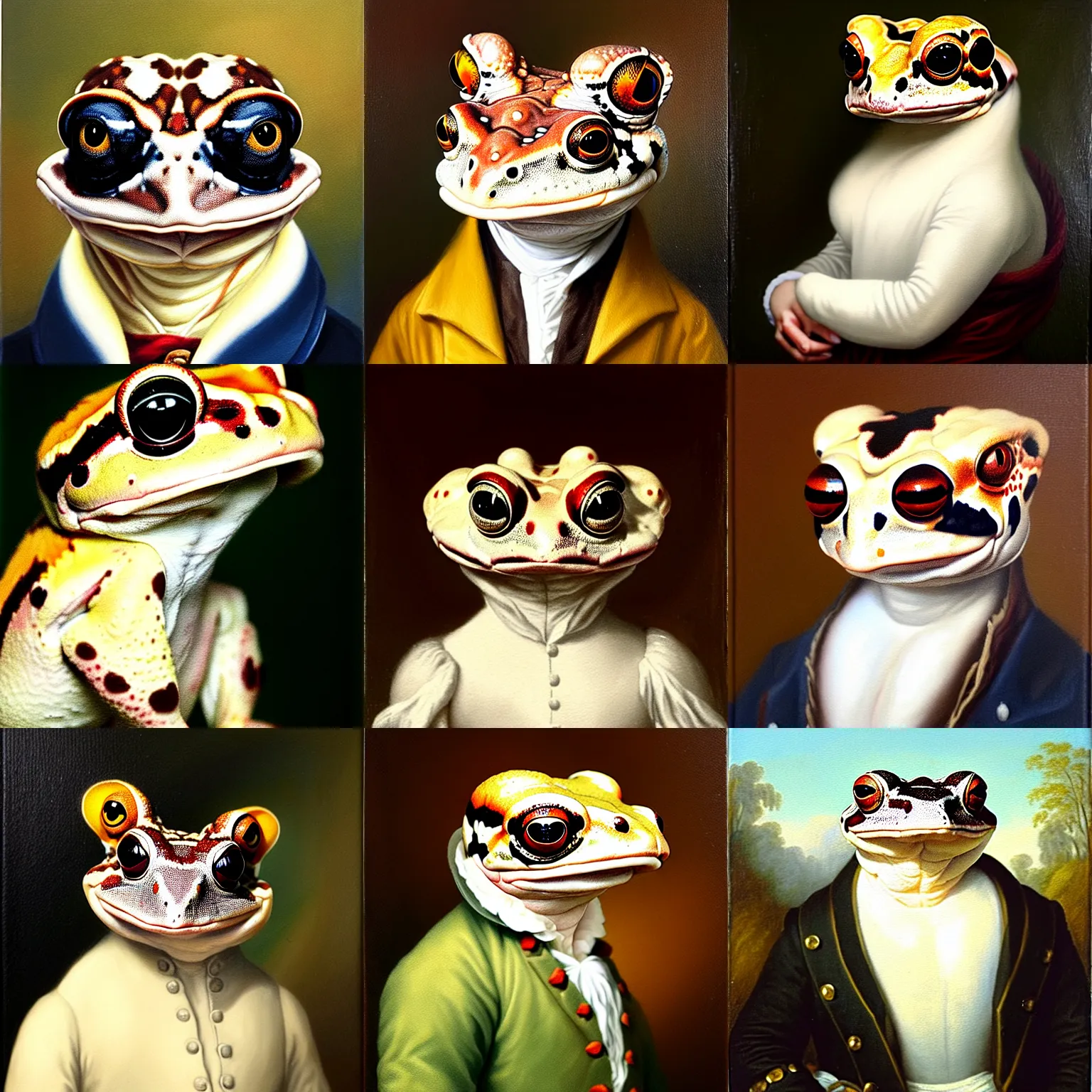 Image similar to a head and shoulders portrait painting of an anthropomorphic!!!!!!!!!! amazon milk frog!!!!!!!!!! wearing a colonial outfit without a hat looking off camera, a character portrait, american romanticism, oil on canvas, soft focus