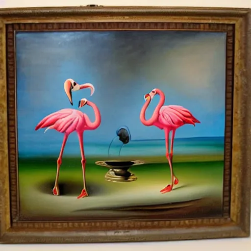 Prompt: Pair of dancing flamingos with a flying egg, oil painting by Salvador Dali.