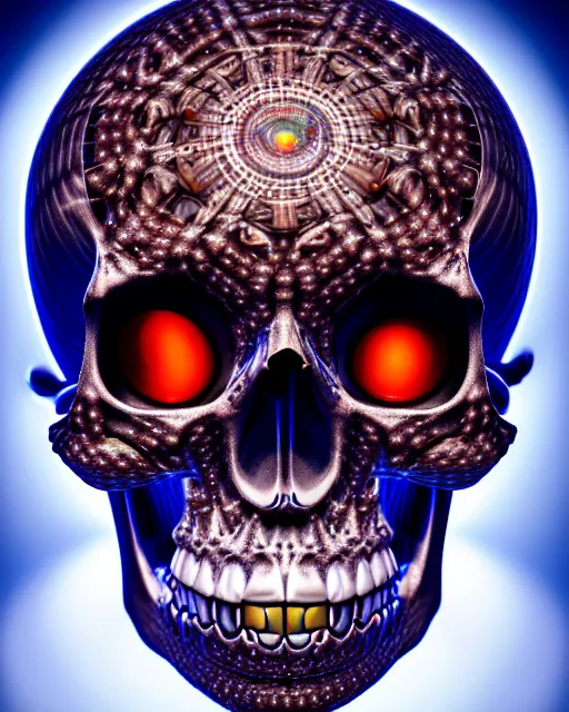 Prompt: very detailed portrait of skull with pearl sphere glowing eyes + melting face skin + 4 k hyper details render + by alex grey + fractal mundelbulb intricate design + dramatic lighting + cinematography photography