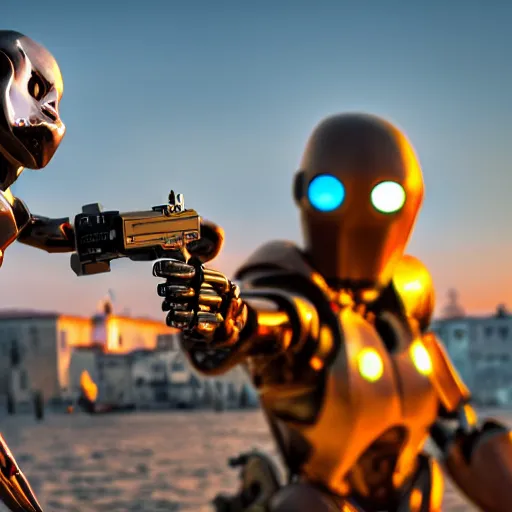 Prompt: two evil humanoid robott with a gun, in venice, cyberpunk style, wide shot, long shot, sunset golden hour