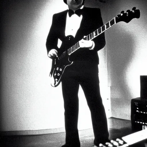 Image similar to john belushi wearing a black suit and black necktie and black fedora playing electric guitar in a darkened nightclub, 3 5 mm film still from 1 9 8 1, grainy.