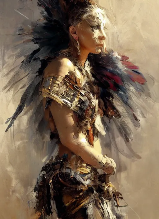 Prompt: painting of a beautiful woman with the face of an eagle, adorned with scant armor, with a feather in her hair, with a strong pose, by Jeremy Mann, stylized, detailed, loose brush strokes, warm tones, vivid colors, realistic