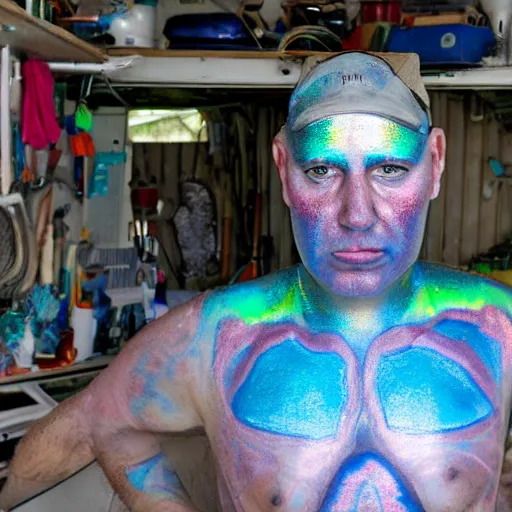 Image similar to a human standing in his garage, he is covered with iridescent bodypaint, shells and barnacles