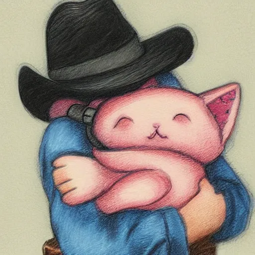 Image similar to baby kitten with a cowboy hat hugging a pink baby kitten, drawing by studio ghibli