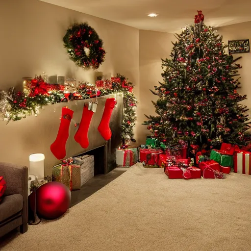 Image similar to interior of a cozy basement with christmas decorations, hd photo