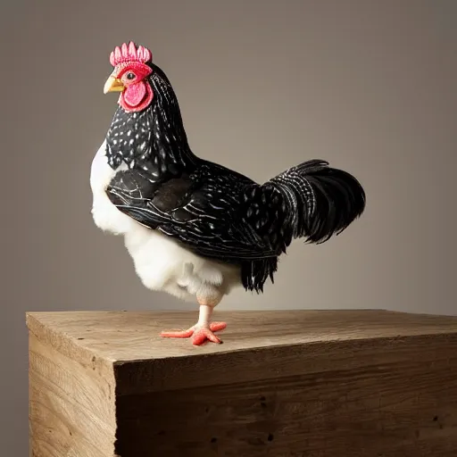 Image similar to barred Plymouth Rock chicken, studio!! lighting, dotted with white hearts!!