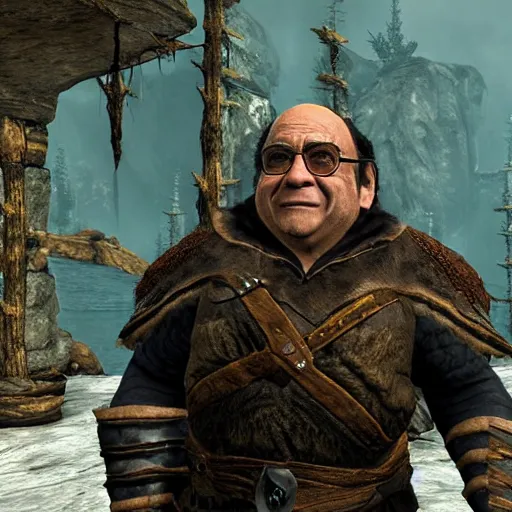 Prompt: in-engine screenshot of Danny Devito in Skyrim (2011)