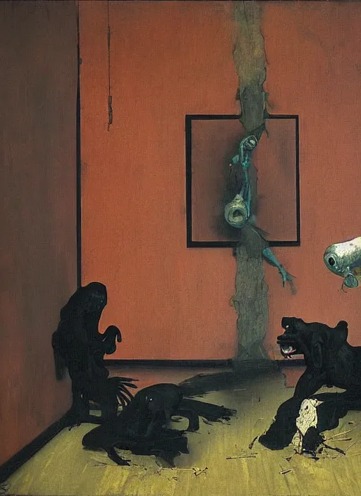 Image similar to two dark figures laughing and a black dog inside a decayed contemporary living room with large oxygen tank in the style of Francis Bacon and Zdzislaw Beksinski, Edward Hopper and Norman Rockwell, highly detailed, very coherent, triadic color scheme