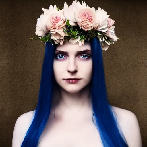 Prompt: a pale girl with white hair wears floral crown, sad blue eyes, cinematic lighting, ultra detailed, grand master oil painting