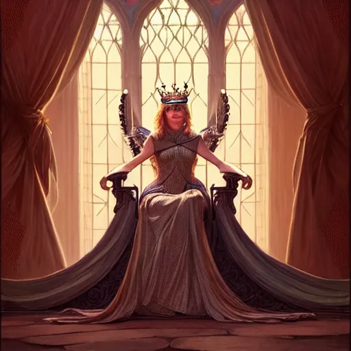 Image similar to Taylor Swift sitting on a majestic throne wearing a crown, D&D style, fantasy, intricate, elegant, highly detailed, digital painting, artstation, concept art, matte, sharp focus, illustration, art by Artgerm and Greg Rutkowski and Alphonse Mucha