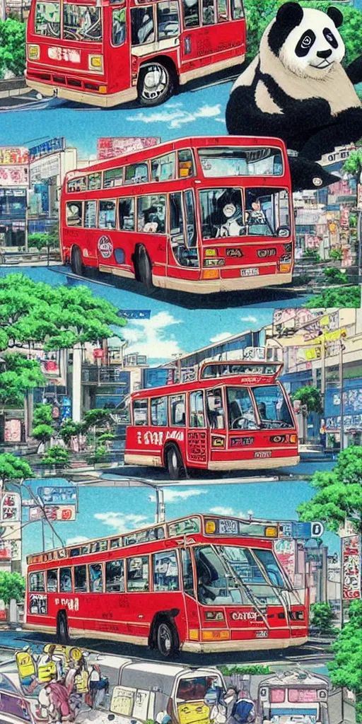 Prompt: a panda express bus in japan, 1990s anime, full color, tarot card the chariot, highly detailed