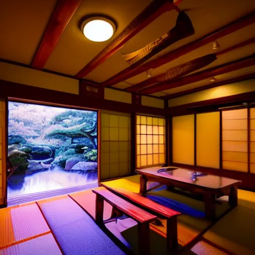 Prompt: inside a cozy dark wooden Japanese house with a indoor koi pond, bonsai trees, stream flowing through the house,fireflies, wild flowers, raining, bamboo forest, evening time, peaceful, calm, atmospheric