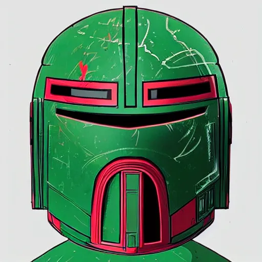 Prompt: a green and red robot ninja mandalorian looking helmet that looks like it is from Borderlands, there’s a circular notch in the center by Feng Zhu and Loish and Laurie Greasley, Victo Ngai, Andreas Rocha, John Harris