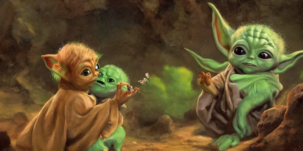 Prompt: Portrait of 'baby Yoda' reaching for a pretty butterfly, a rocky outcrop, a small bonfire, spaceship nearby, refined, dignified, style of rembrandt and ((don bluth)), bright natural light, saturated colors, very low energy