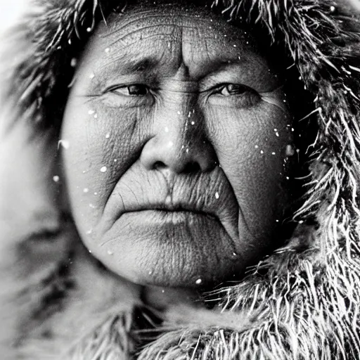 Prompt: a cheyenne tribal woman wearing bison fur coat in a wyoming snot storm, close up, portrait