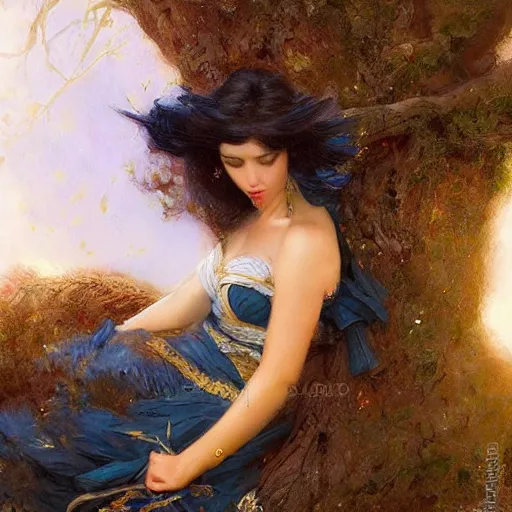 Prompt: portrait of a woman resting on a large tree, short black hair, decorative dark blue clothing, sharp focus, ultra realistic illustration, colorful, cinematic lighting, high fantasy, intricate, highly detailed, smooth, elegant, gaston bussiere, bayard wu, greg rutkowski