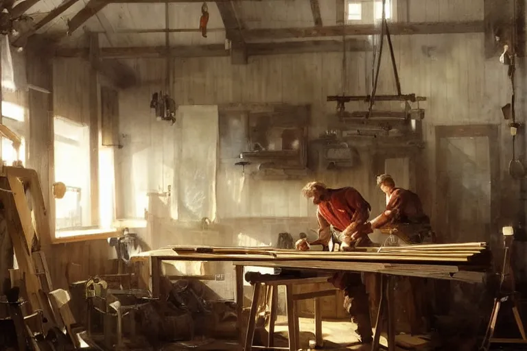 Image similar to simple craftsman fine woodworker building a wooden table in their well lit clean open workshop, art by anders zorn, wonderful masterpiece by greg rutkowski, beautiful cinematic light, american romanticism thomas lawrence, greg rutkowski