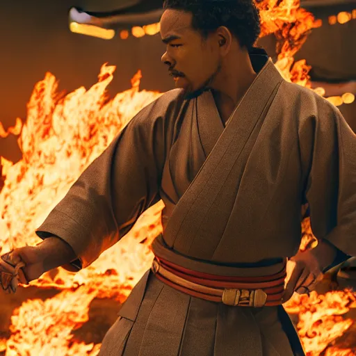 Prompt: cinematic film still of Chance The Rapper starring as a Samurai holding fire, close up, Japanese CGI, VFX, 2022, 40mm lens, shallow depth of field, film photography