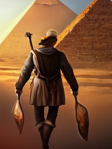 Image similar to a handsome man, walking with his staff near the great pyramids. intricate, elegant, highly detailed, digital painting, artstation, concept art, sharp focus, illustration, by justin gerard and artgerm, 8 k