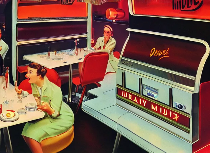 Prompt: diner, 1950s,jukebox,8K, by syd mead