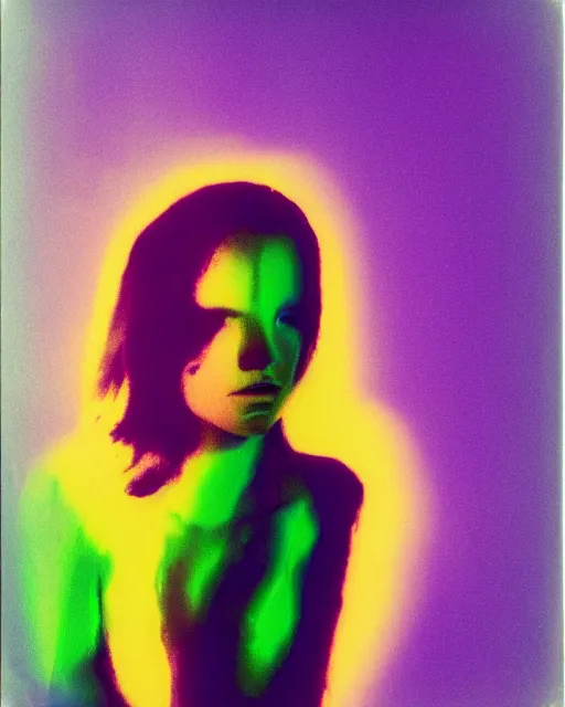 Image similar to chrome woman's face, violet and yellow and green lighting, polaroid photo, atmospheric, whimsical and psychedelic, grainy, expired film, super glitched, corrupted