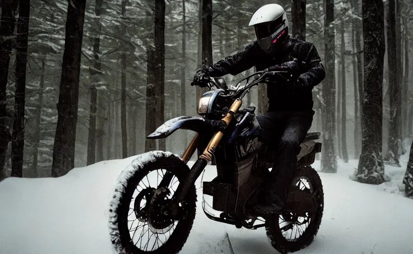 Image similar to cinestill 5 0 d candid photographic portrait by steve mccurry of joe biden wearing rugged black mesh techwear riding on a dirtbike through a deep forest, extreme closeup, modern cyberpunk moody emotional cinematic, snow storm, 8 k, hd, high resolution, 3 5 mm, f / 3 2, ultra realistic faces, ex machina