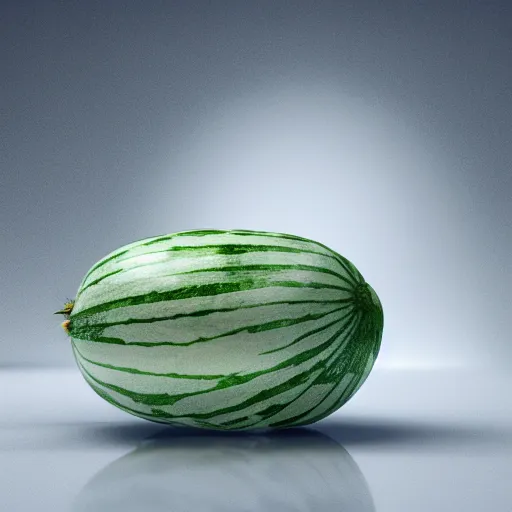 Image similar to white watermelon on the dish, octane render, cryengine, hyper realistic, 8k, blade runner style