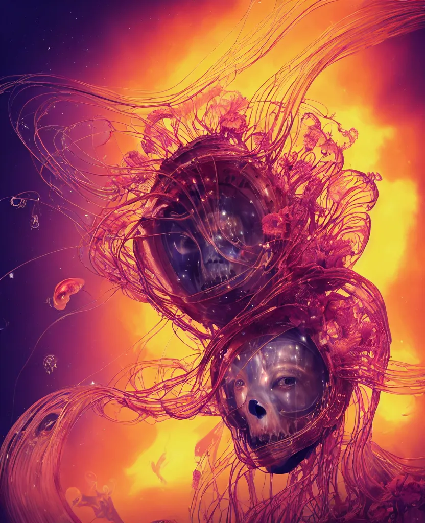 Image similar to close-up portrait of the face of a beautiful princess in a twisted flowers jellyfish mask in a spaceman suit surrounded by energy flow, epic angle and pose, symmetrical artwork, 3d with depth of field, blurred background, floating jellyfish skull phoenix bird, translucent, nautilus, energy flows of water and fire. a highly detailed epic cinematic concept art CG render. made in Maya, Blender and Photoshop, octane render, excellent composition, cinematic dystopian brutalist atmosphere, dynamic dramatic cinematic lighting, aesthetic, very inspirational, arthouse. y Greg Rutkowski, Ilya Kuvshinov, WLOP, Stanley Artgerm Lau, Ruan Jia and Fenghua Zhong