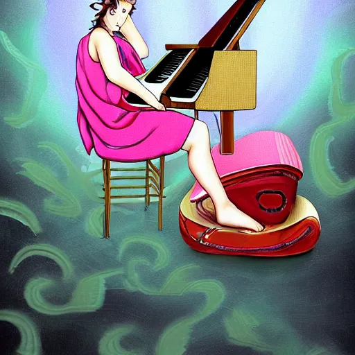 Prompt: Snail pianist by Hirohiko Araki, digital art