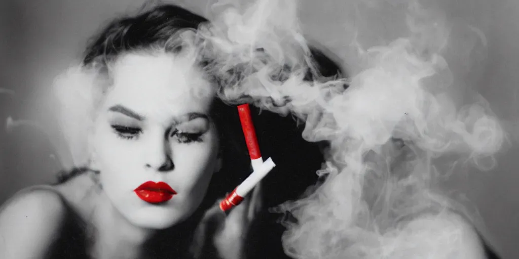 Prompt: analog photo of a woman with red lipstick on smoking a cigarette