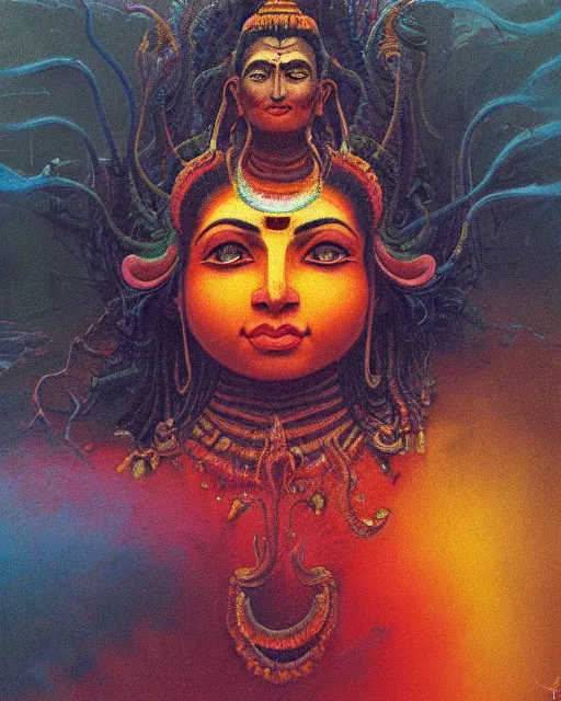 Prompt: One many-armed Shiva. Background in the colors of the rainbow. Drops of blood. High detail, hyperrealism, masterpiece, close-up, ceremonial portrait, solo, rich deep colors, realistic, art by Yoshitaka Amano, Ivan Aivazovsky, Zdzisław Beksiński