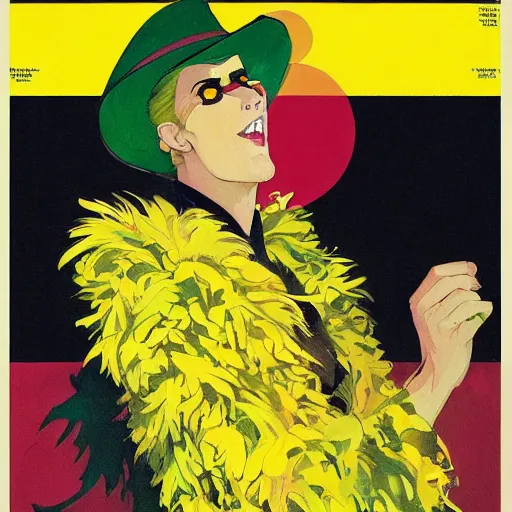 Image similar to art by joshua middleton, the yellow creeper, a tall manically smiling yellow - skinned man with green and black striped cycling shorts and wearing a long red feather boa, yellow makeup, mucha, kandinsky, poster, comic art, stylised design