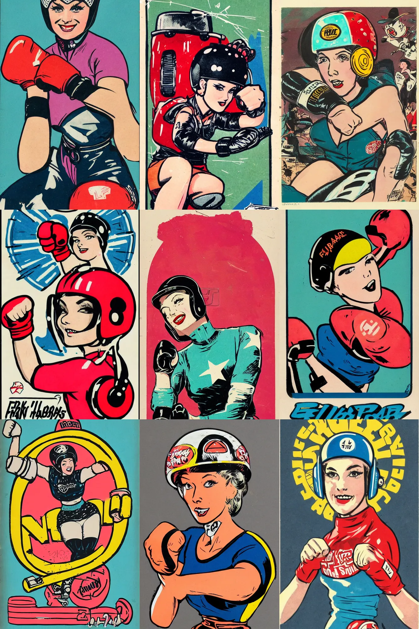 Prompt: roller derby girl portrait, logo, wearing helmet, Frank Hampson and mcbess, 1950s, smashing fists