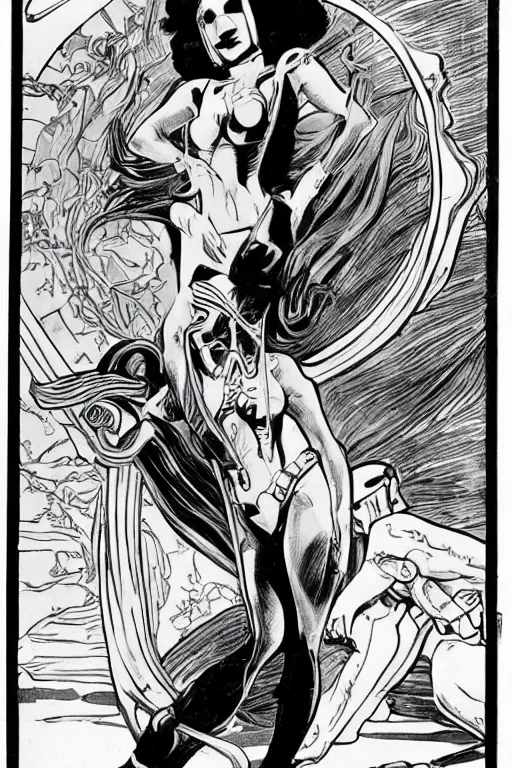 Image similar to female in white bikini with tattoos and stormtrooper helmet, well composed, clean elegant painting, beautiful detailed face. comic book art by steve ditko and jack kirby and ( alphonse mucha )
