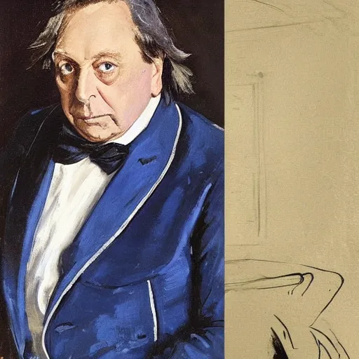 Prompt: “portrait of Barry humphries’ character sir les Patterson, in stained powder blue site and wide silk tie, by John singer Sargent”
