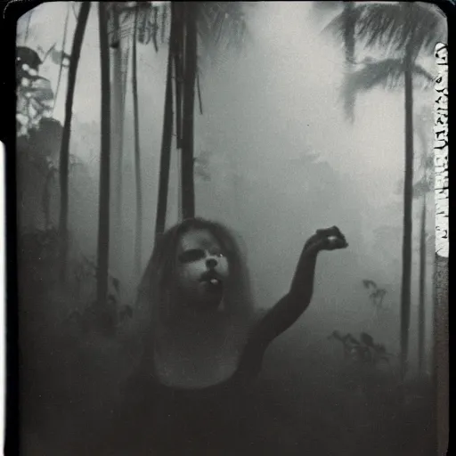 Image similar to an ancient evil-girl devouring the human souls on a mysterious Colombian jungle, mist, 1910 polaroid photography, grainy film, Black and white