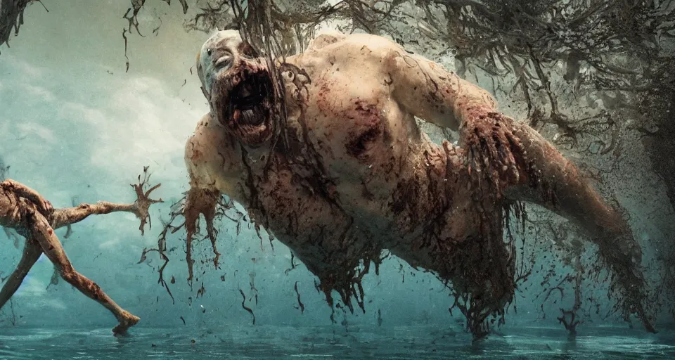 Image similar to highly detailed full body portrait of a zombie swimming underwater in a zombie - apocalypse, in a swimming pool, by greg rutkowski, octane render