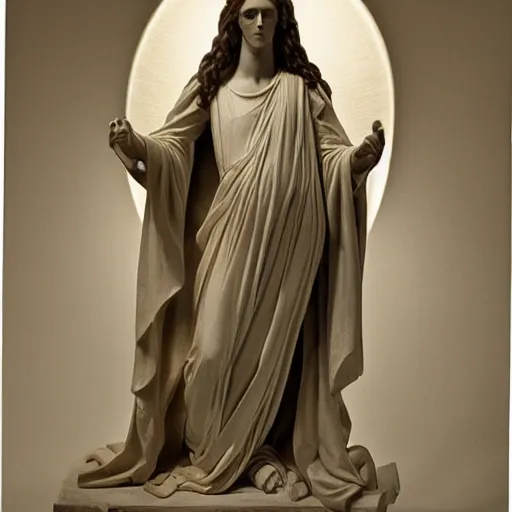 Image similar to a well-lit detailed studio photo of a marble sculpture of Mary dressed in robes with her hair covered, holding the body of Jesus by Antonio Canova