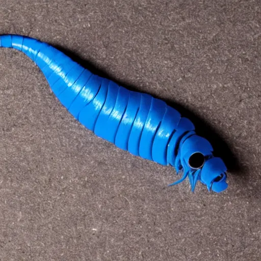 Image similar to studio photograph of a matte dark gray worm with a neon blue head and tail