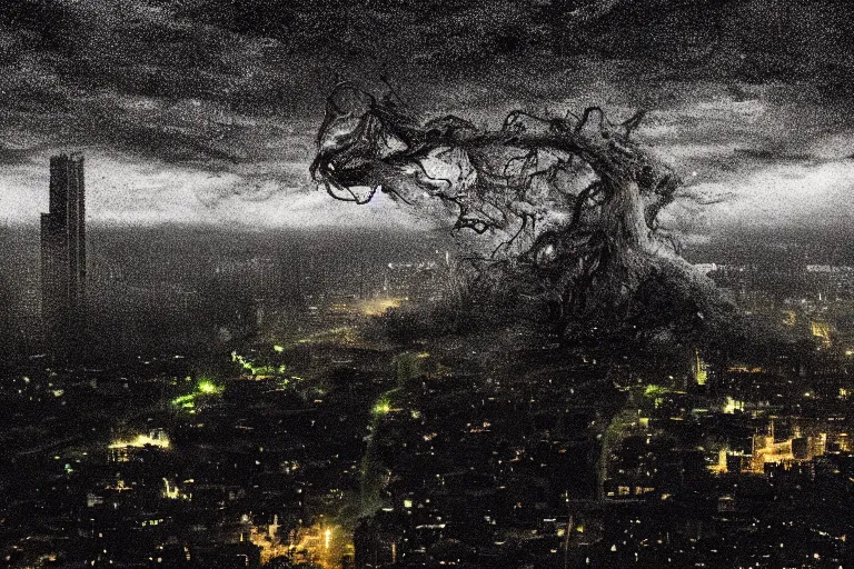 Prompt: monstrous tornado with creeping tendrils looming over a city, flying debris, night, street view, rain puddles, backlit, sprites, high contrast, unsplash, artstation