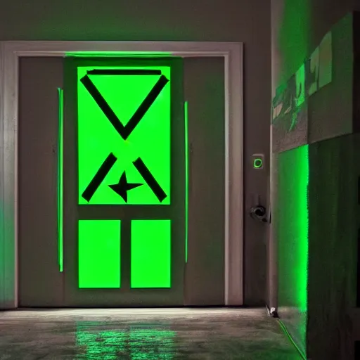 Prompt: a door with a hazardous green glow behind it. there is a sign above the door saying, caution do not enter