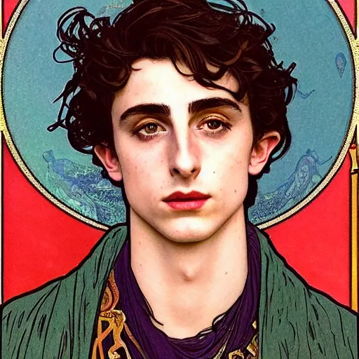 Prompt: timothee chalamet portrait by louis - theophile hingre and alphonse mucha, realistic, sharp focus, zodiac signs, tarot cards, planets, ethereal, art nouveau, magic, moon, sun, crown, dreamy, royal, jewellery