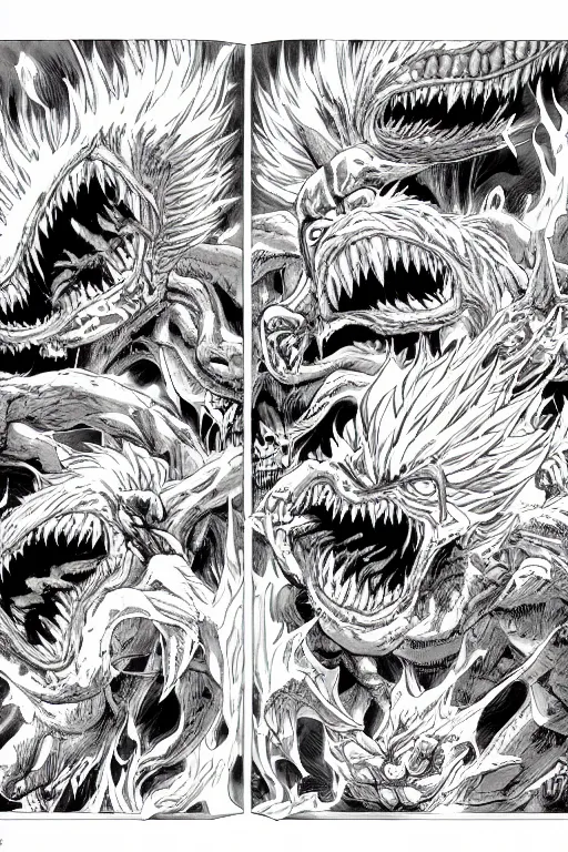 Prompt: manga double spread illustration of a flaming monster by yusuke murata, kento miura