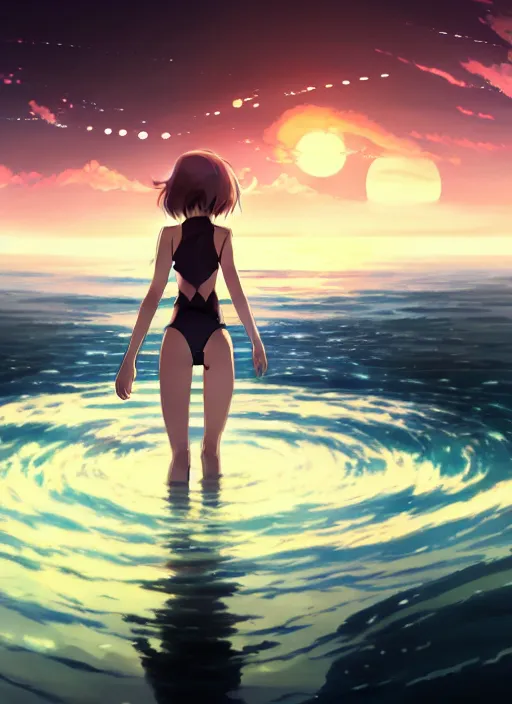 Image similar to anatomically correct anime girl walking on water, ripples, backdrop of dawn, saturn in the background, illustration, concept art, anime, key visual, trending pixiv fanbox by wlop and greg rutkowski and makoto shinkai and studio ghibli